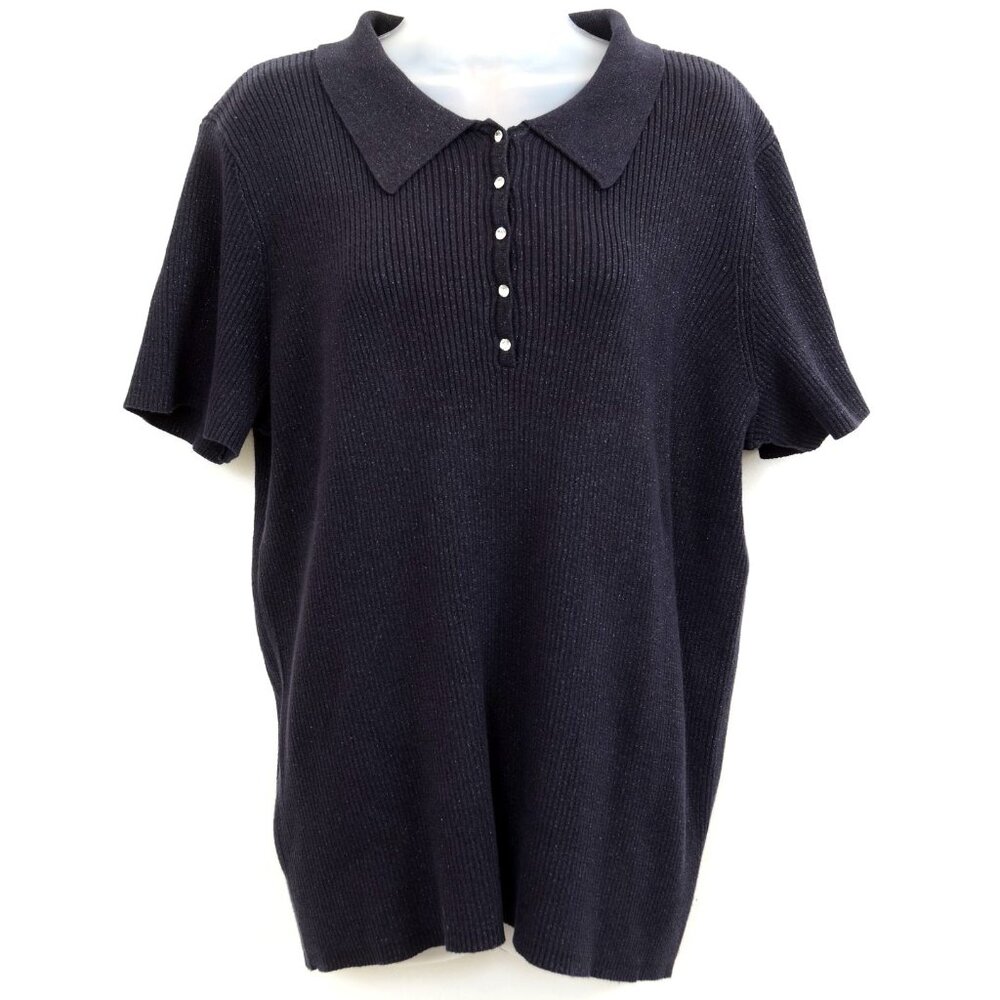 Quacker Factory Bling Buttons‎ Collared Cotton Sweater Short Sleeve Career Sz LG